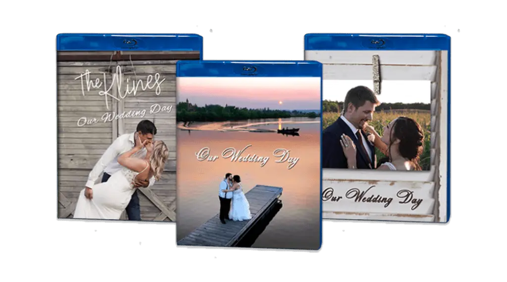 Series of wedding blu-ray covers by a lake and rustic settings.