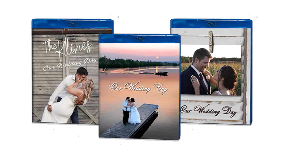 Series of wedding blu-ray covers by a lake and rustic settings.