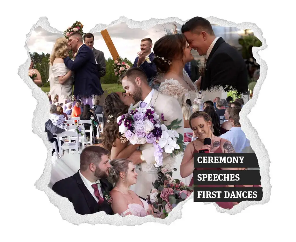 Collage of wedding moments including ceremonies, speeches, and first dances around Duluth.