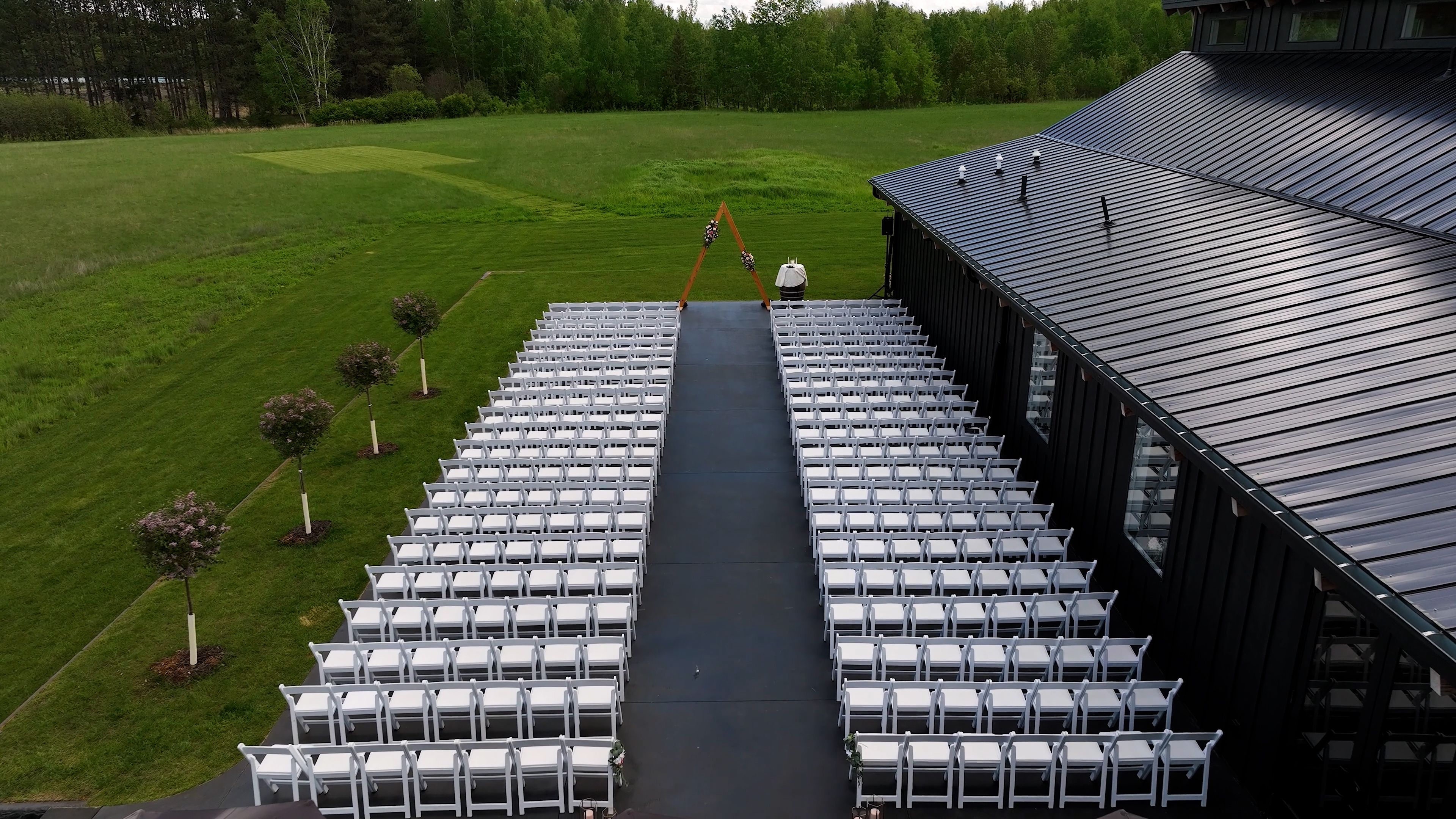 A drone shot of Ivy Black's wedding ceremony space